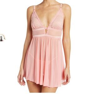 RACHEL ROY Soft Pink Cup Lace Babydoll Chemise With Matching Thong sz M